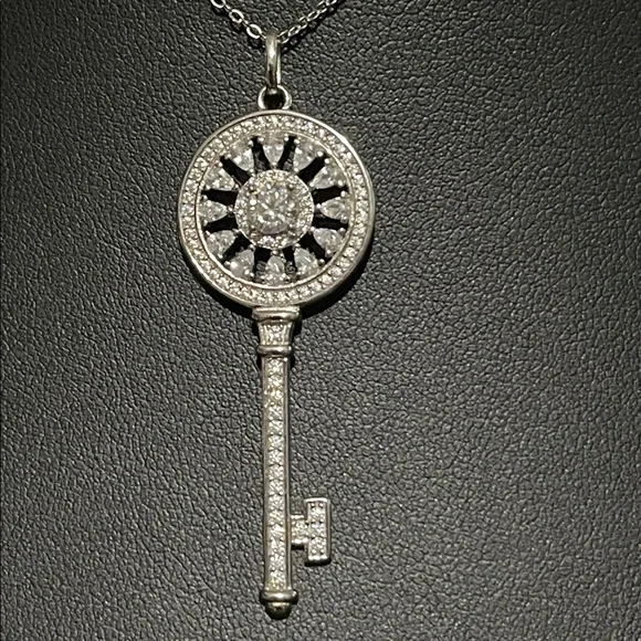 NWT Solid Silver 925 Key Pendant Moissanite and CZ Necklace 17” - Picture 3 of 10